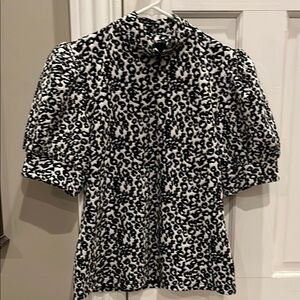 Express Black and White Puff Sleeve Blouse with Mandarin Collar